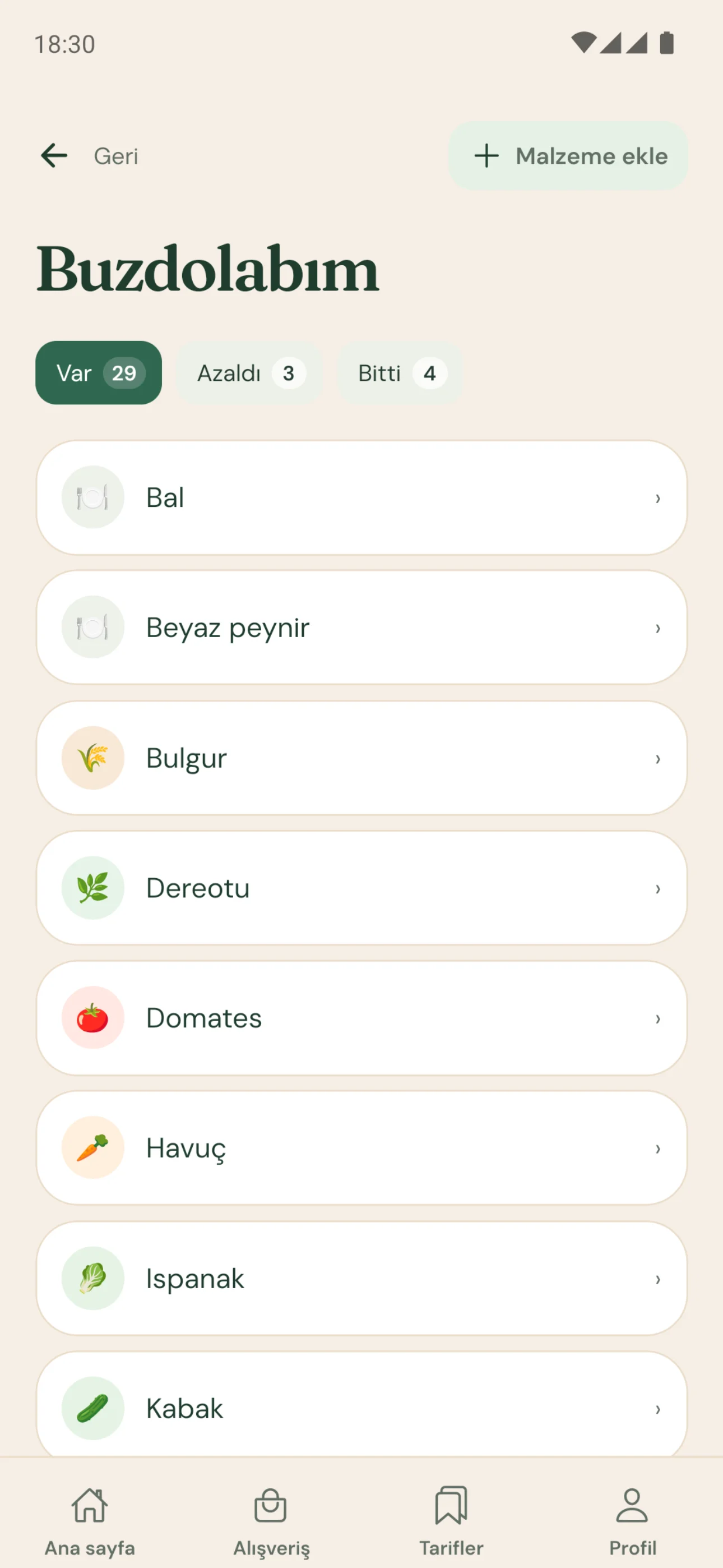Maye Buzdolabım ekranı: Var 29, Azaldı 3, Bitti 4